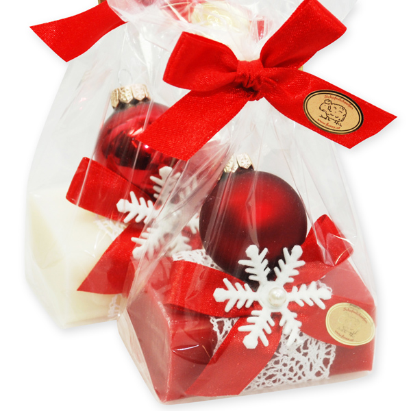 Sheep milk soap 100g, decorated with a glass christmas ball in a cellophane, Classic/pomegranate 