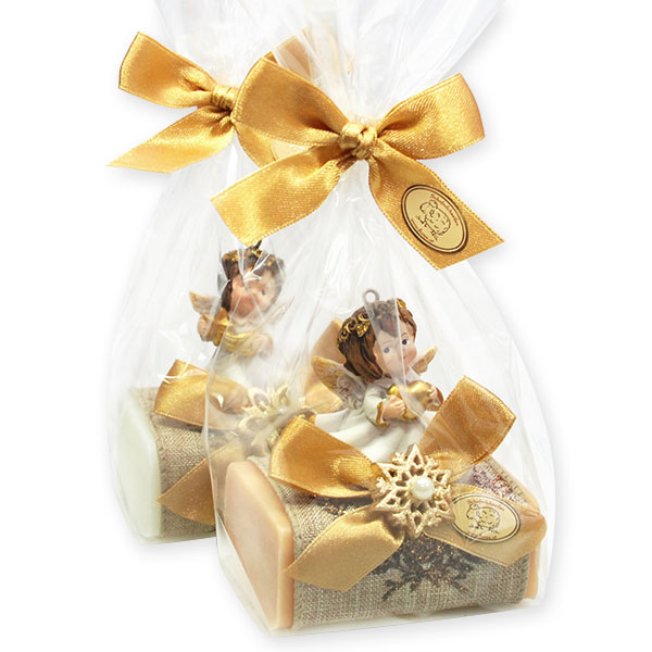 Schafmilchseife eckig 100g dekoriert mit Engel in Cello, Classic/Quitte 