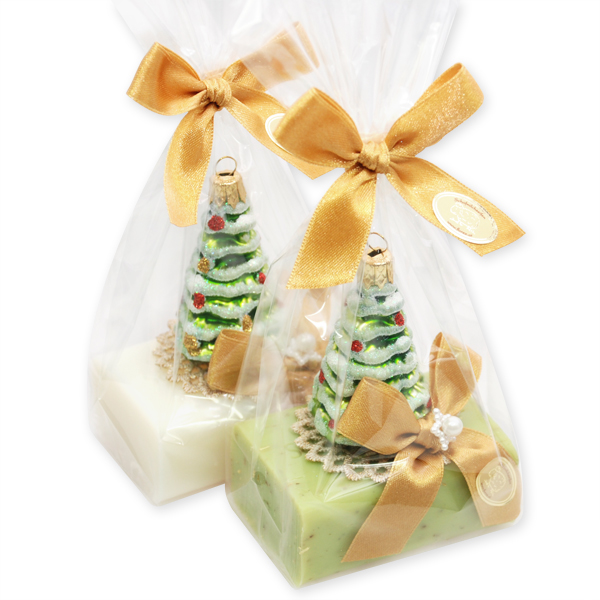 Sheep milk soap 100g, decorated with a glass christmas tree in a cellophane, Classic/verbena 