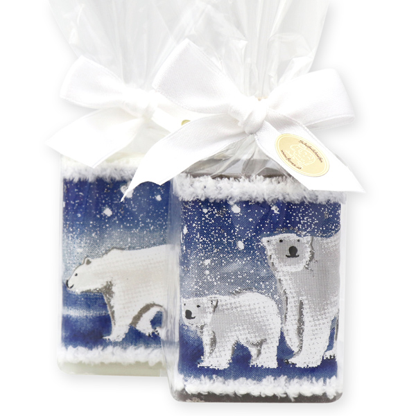 Sheep milk soap 100g decorated with an ice bear ribbon in a cellophane, Classic/christmas rose silver 