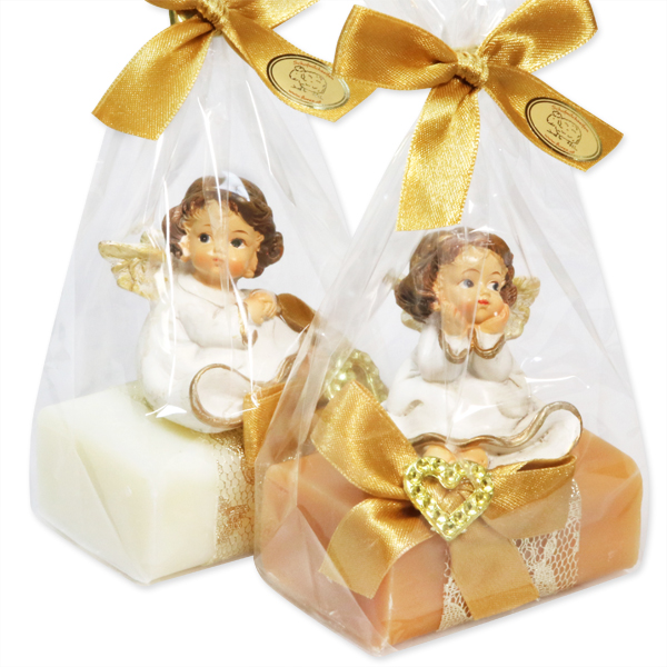 Schafmilchseife eckig 100g dekoriert mit Engel in Cello, Classic/Quitte 