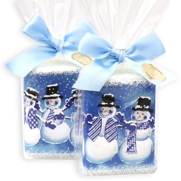 Sheep milk soap 100g decorated with a snowmen ribbon in cello, Classic/forget-me-not 