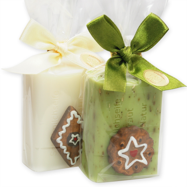 Schafmilchseife eckig 100g dekoriert mit Deko Lebkuchen in Cello, Classic/Eisenkraut 
