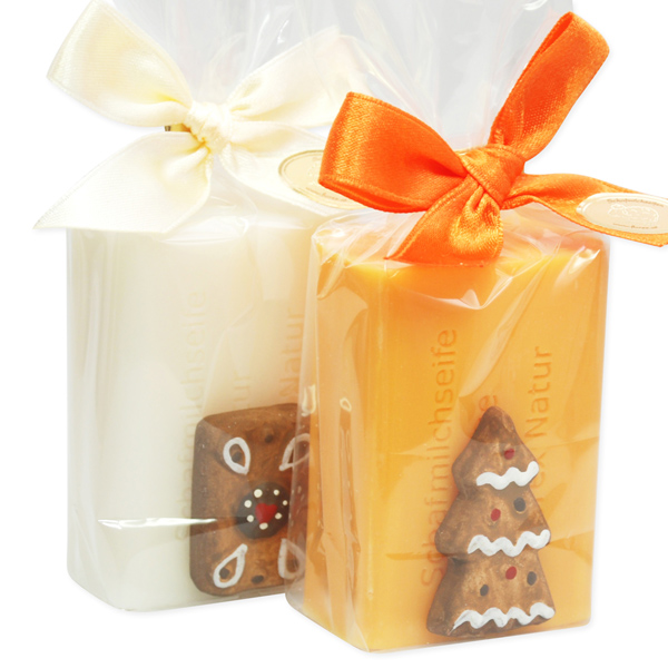 Schafmilchseife eckig 100g, dekoriert mit Deko Lebkuchen in Cello, Classic/Orange 