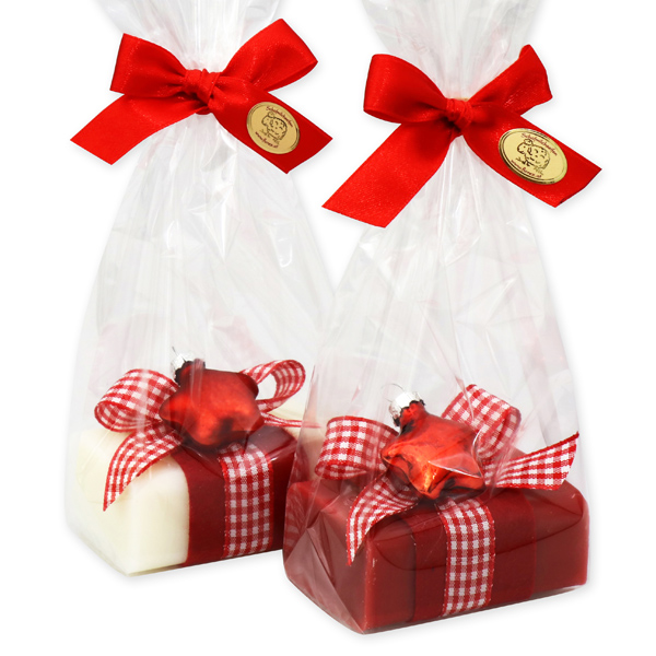 Schafmilchseife eckig 100g dekoriert mit Glasstern in Cello, Classic/Granatapfel 