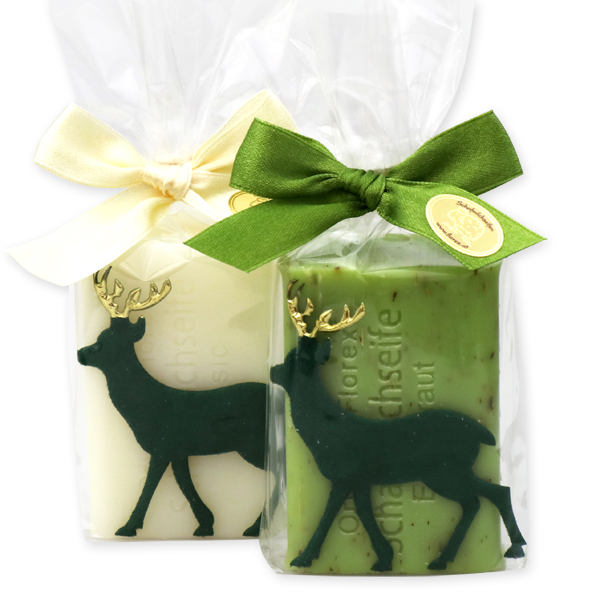 Schafmilchseife eckig 100g dekoriert mit Filzhirsch in Cello, Classic/Eisenkraut 