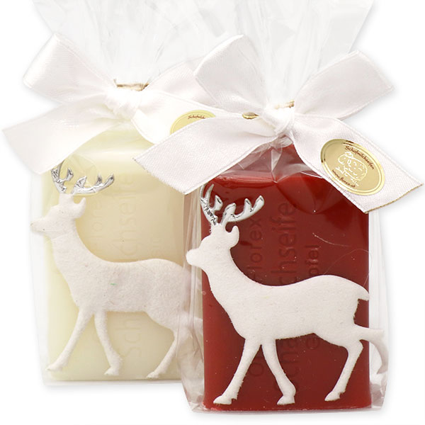 Schafmilchseife eckig 100g dekoriert mit Filzhirsch in Cello, Classic/Granatapfel 