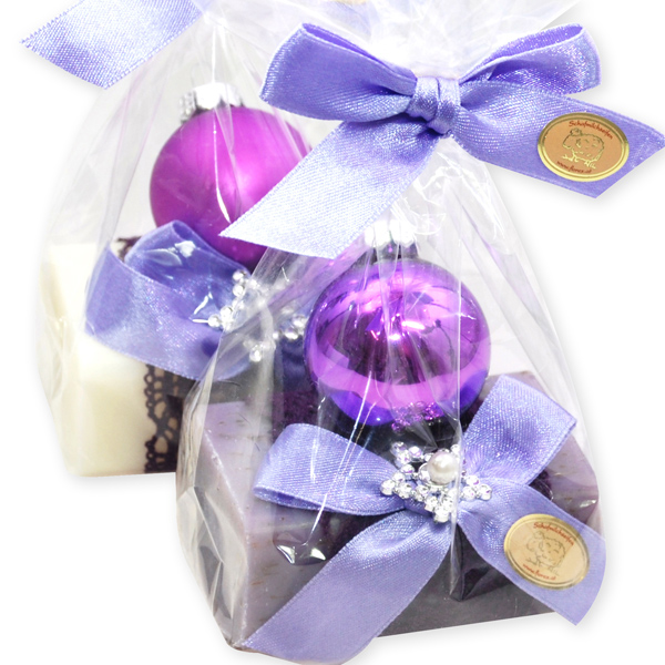 Schafmilchseife eckig 100g dekoriert mit Glaskugel in Cello, Classic/Lavendel 