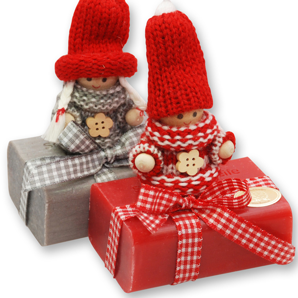 Sheep milk soap 100g decorated with a gnome, Christmas rose silver/pomegranate 