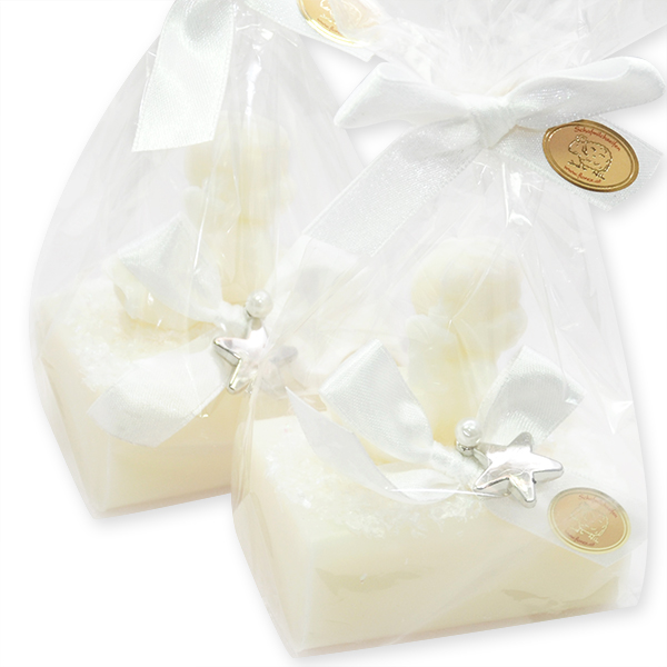 Schafmilchseife eckig 100g dekoriert mit Seife Engel 20g in Cello, Classic 