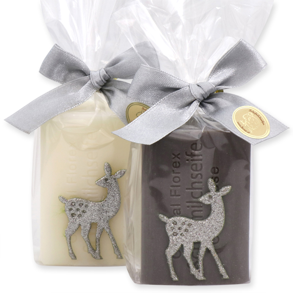 Schafmilchseife eckig 100g dekoriert mit Glitzer Rehkitz in Cello, Classic/Christrose 