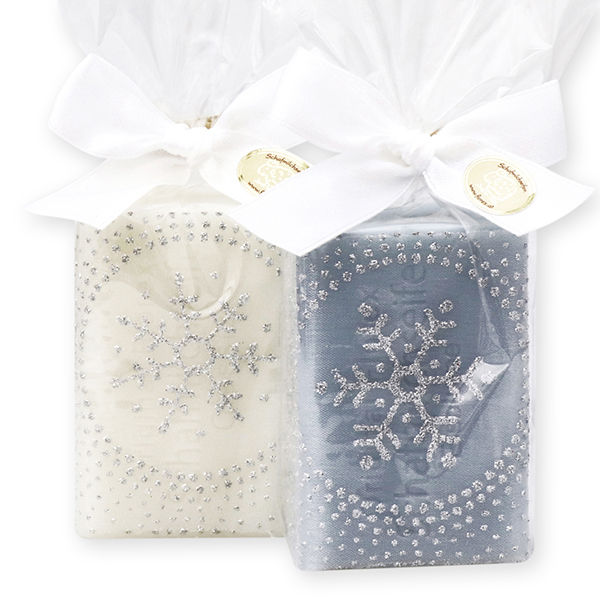 Sheep milk soap 100g decorated with a snowflake ribbon in a cellophane, Classic/ice flower 