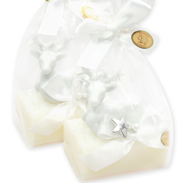 Schafmilchseife eckig 100g dekoriert mit Hirsch in Cello, Classic 