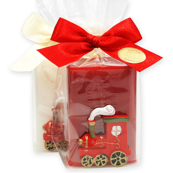 Schafmilchseife eckig 100g dekoriert mit Lokomotive in Cello, Classic/Granatapfel 