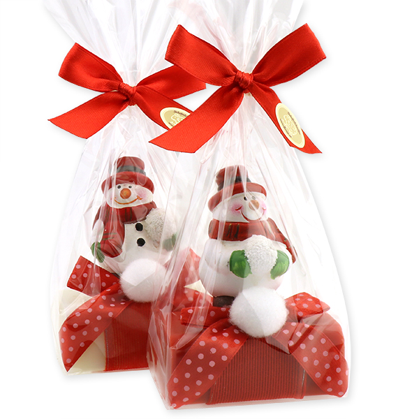 Schafmilchseife eckig 100g dekoriert mit Schneemann in Cello, Classic/Granatapfel 