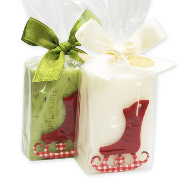 Schafmilchseife eckig 100g dekoriert mit Schlittschuh in Cello, Classic/Eisenkraut 