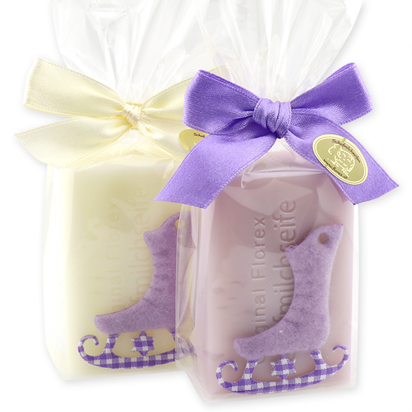 Schafmilchseife eckig 100g dekoriert mit Schlittschuh in Cello, Classic/Flieder 