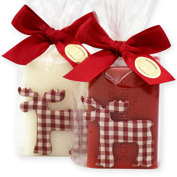 Schafmilchseife eckig 100g dekoriert mit Rentier Karo in Cello, Classic/Granatapfel 
