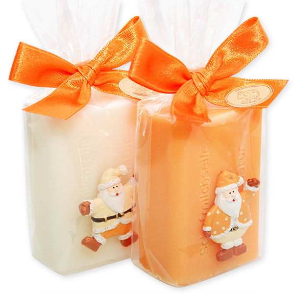 Schafmilchseife eckig 100g, dekoriert mit Weihnachtsmann in Cello, Classic/Orange 