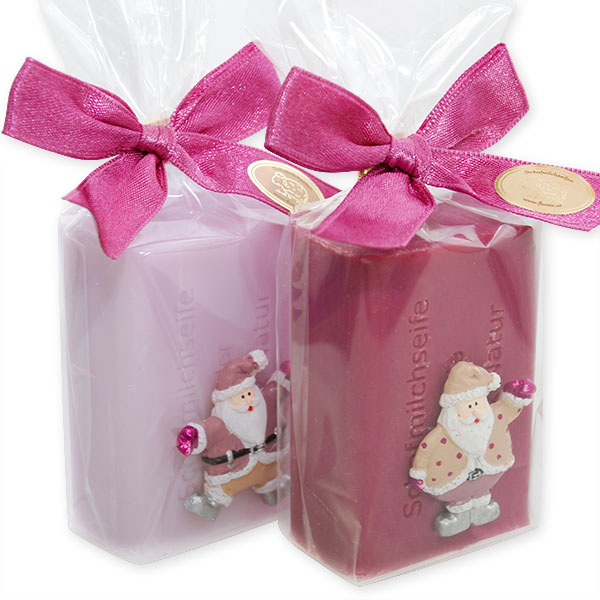 Sheep milk soap 100g, decorated with Santa in a cellophane, Lilac/mallow flower 