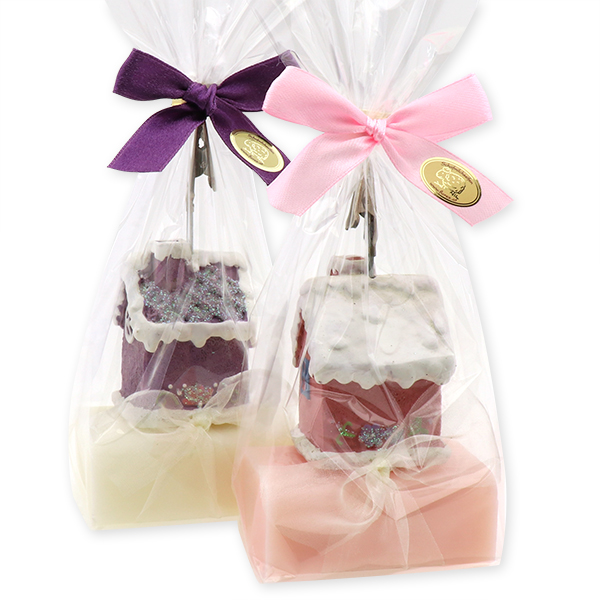 Sheep milk soap 100g, decorated with a house in a cellphane, Classic/peony 