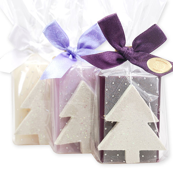 Sheep milk soap 100g, decorated with a glitter tree in a cellophane, sorted 
