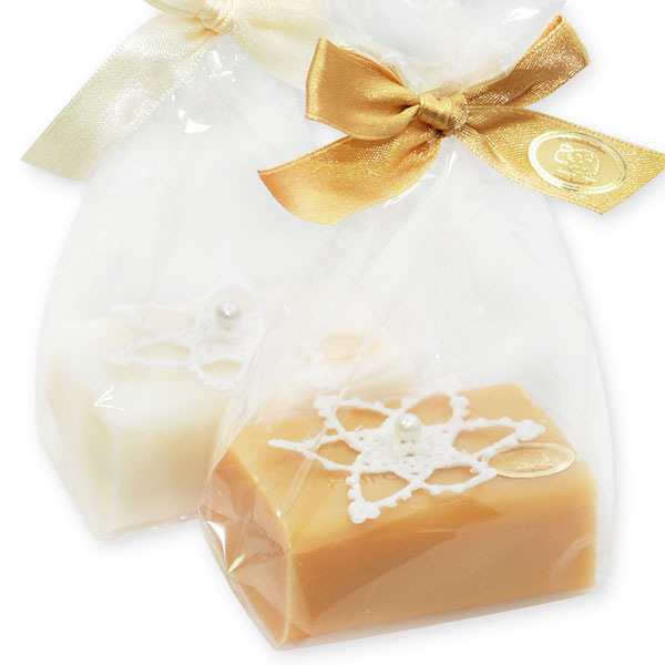 Schafmilchseife eckig 100g dekoriert mit Häkelstern in Cello, Classic/Quitte 
