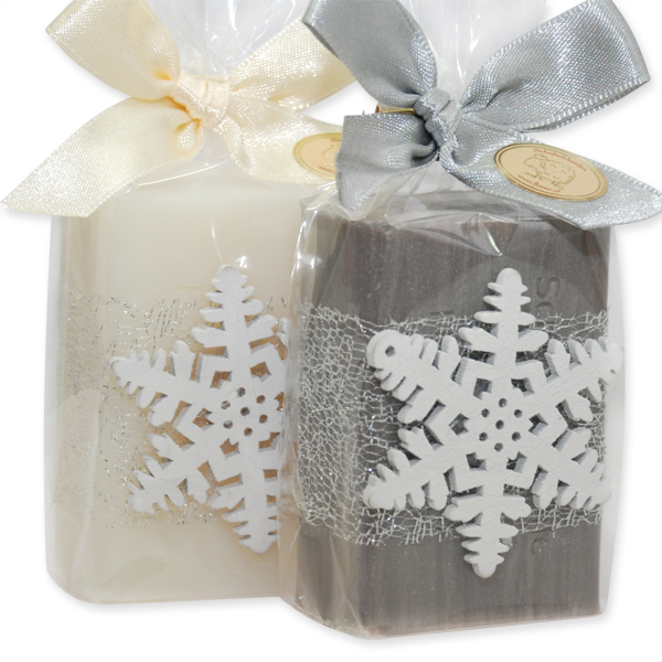 Schafmilchseife eckig 100g dekoriert mit Schneeflocke in Cello, Classic/Christrose 