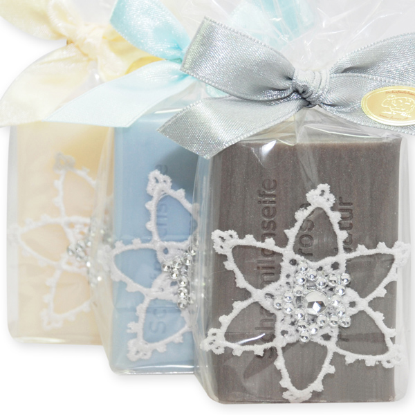 Sheep milk soap 100g decorated with a snowflake in a cellophane, sorted 