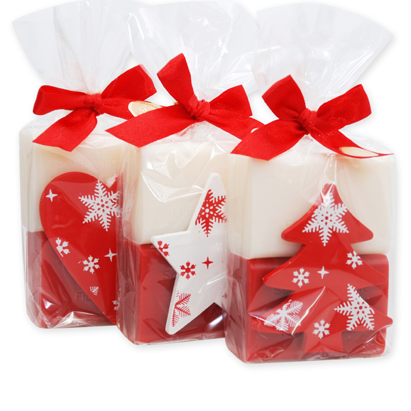 Schafmilchseife eckig 100g dekoriert mit Weihnachtsmotive in Cello, Classic/Granatapfel 