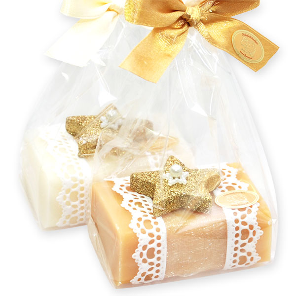 Schafmilchseife eckig 100g dekoriert mit Glitzerstern in Cello, Classic/Quitte 