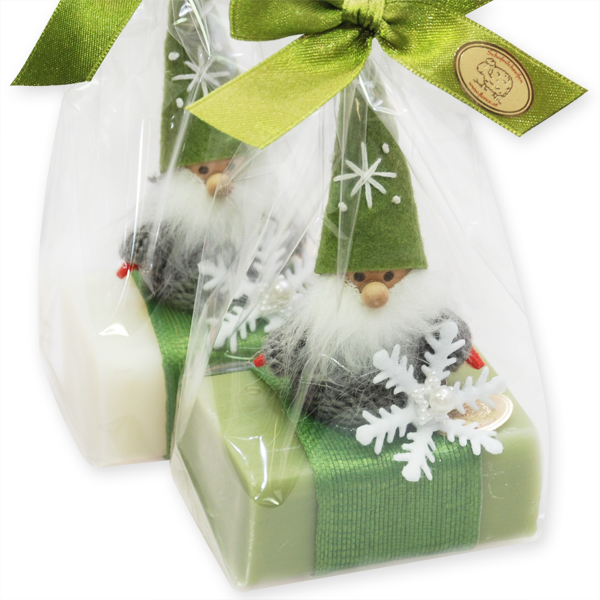 Sheep milk soap 100g decorated with gnome in a cellophane, Classic/verbena 