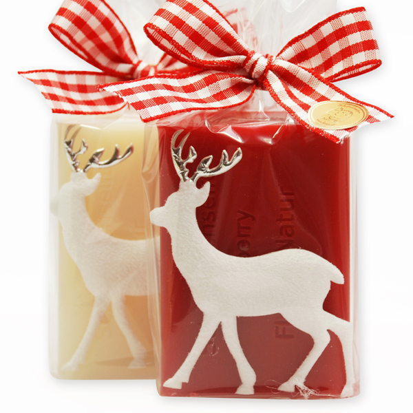 Sheep milk soap 100g decorated with a reindeer in a cellophane, Classic/pomegranate 