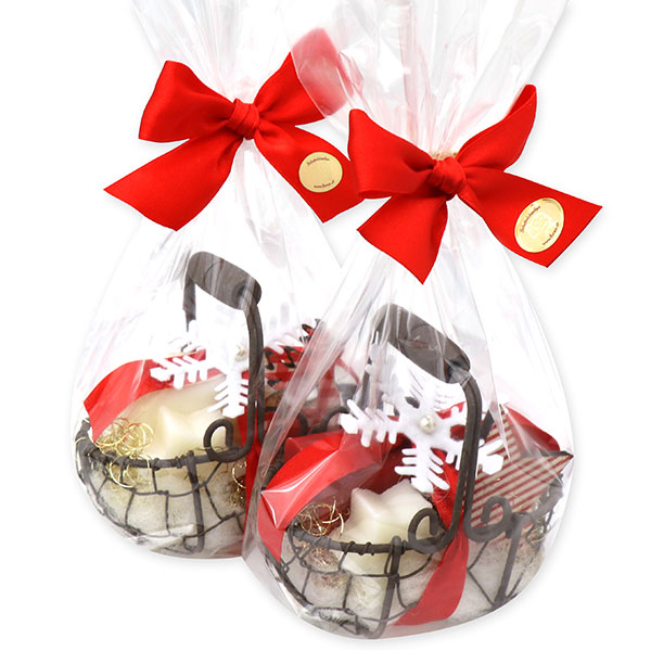 Drahtkorb gefüllt mit Schafmilchseife 100g und Stern 20g dekoriert mit Schneeflocke in Cello, Classic/Granatapfel 