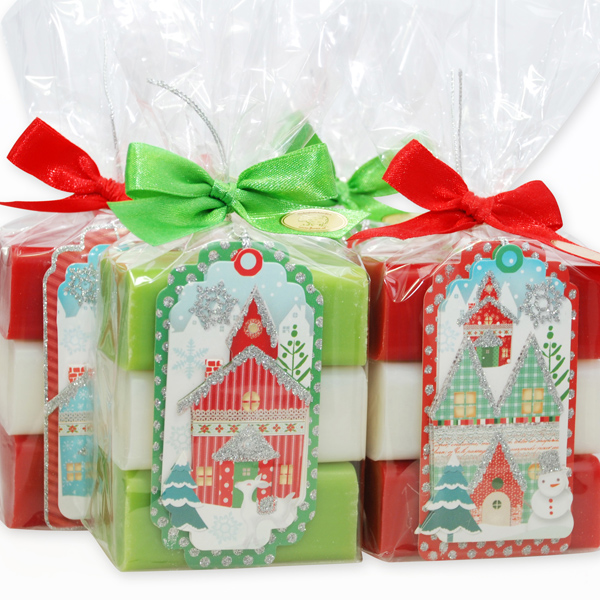 Schafmilchseife eckig 100g dekoriert mit weihnachtlicher Anhänger in Cello, sortiert 