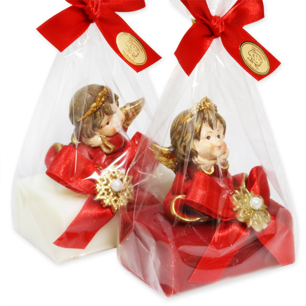 Schafmilchseife eckig 100g dekoriert mit Engel in Cello, Classic/Granatapfel 
