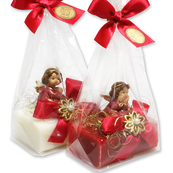 Schafmilchseife eckig 100g dekoriert mit Engel in Cello, Classic/Granatapfel 