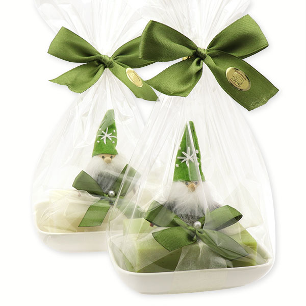 Sheep milk soap 150g on a soap dish decorated with a gnome in a cellphane, Classic/verbena 