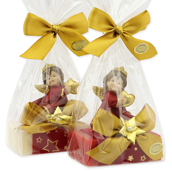 Schafmilchseife eckig 150g dekoriert mit Engel in Cello, Classic/Granatapfel 