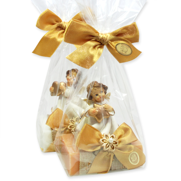 Schafmilchseife eckig 150g dekoriert mit Engel in Cello, Classic/Quitte 