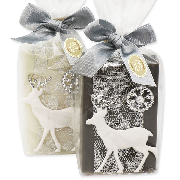 Sheep milk soap 150g decorated with a deer in a cellophane, Classic/christmas rose silver 