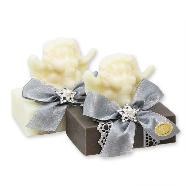 Sheep milk soap 150g decorated with a soap angel 50g, Classic/christmas rose silver 