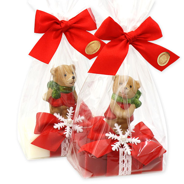 Sheep milk soap 150g decorated with a bear in a cellophane, Classic/pomegranate 