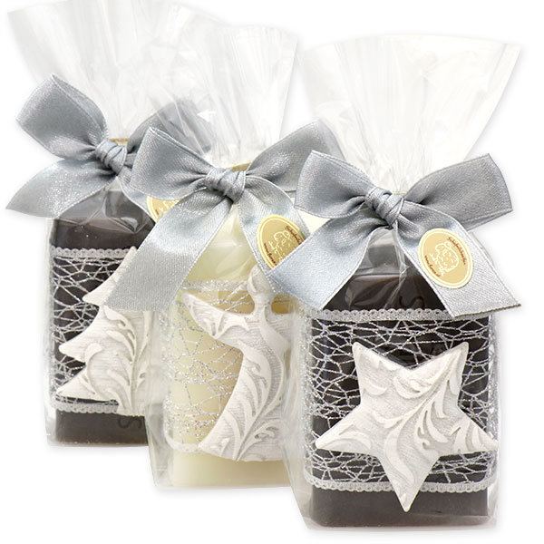 Sheep milk soap 150g decorated with christmas motives in a cellophane, Classic/christmas rose silver 