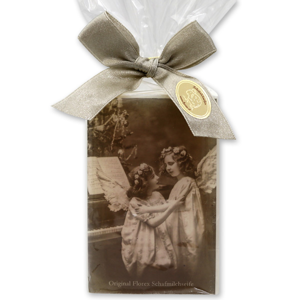 Sheepmilk soap 150g decorated with an angel-ribbon packed in a cellophane bag, christmas rose white 