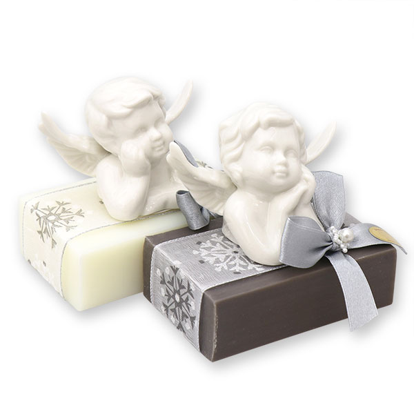 Sheep milk soap 150g decorated with an angel, Classic/christmas rose silver 