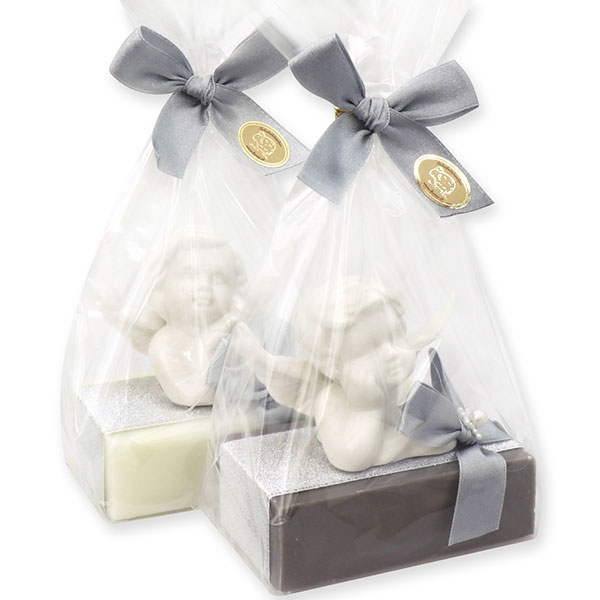Schafmilchseife eckig 150g dekoriert mit Engelskopf in Cello, Classic/Christrose 