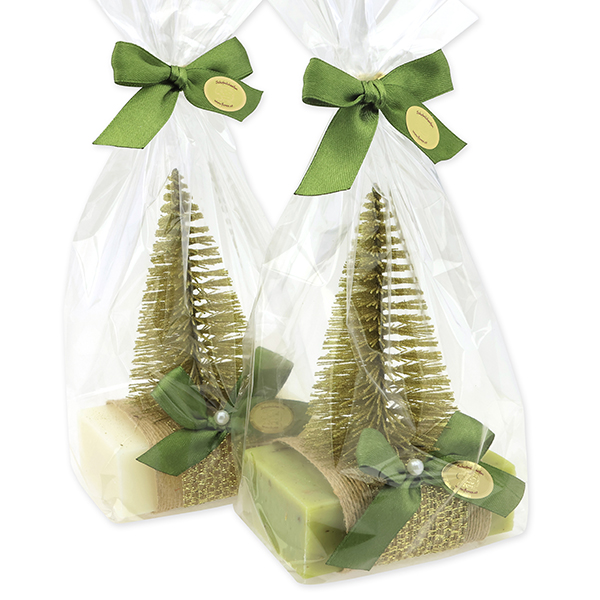 Schafmilchseife eckig 150g dekoriert mit Tannenbaum in Cello, Classic/Eisenkraut 