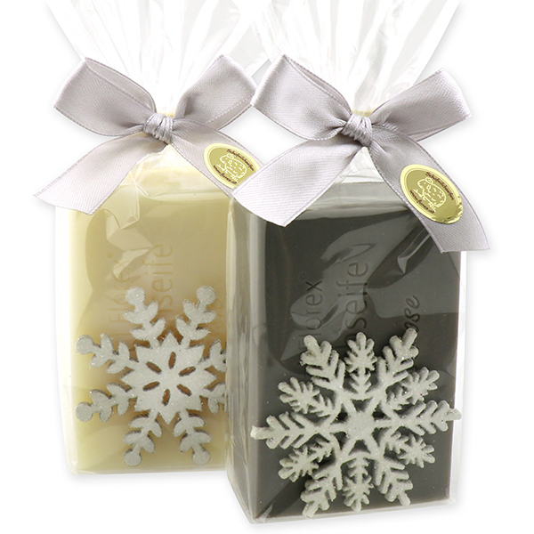 Schafmilchseife 150g dekoriert mit Schneeflocke in Cello, Classic/Christrose 
