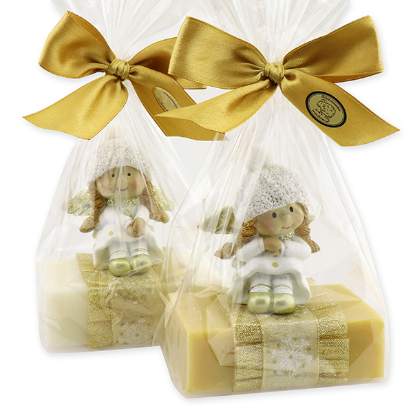Schafmilchseife eckig 150g dekoriert mit Engel in Cello, Classic/Zirbe 